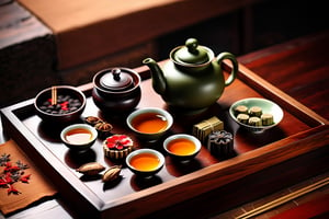 Imagine a traditional chinese tea ceremony with a yellow yixing teapot, small cups, cha hai art like (Jean Baptiste Monge) (shimmering steaming tea ceremony, wooden trays, old rustic dark wooden table:1.4), its smooth surface placed on a crafted wooden tray with osmanthus leaves, dried fruits and nuts, cute snail teapet,(autumn feel, chinese tea ceremony, clay yixing teapot, chinese porcelain cups of steaming hot pu-erh tea:1.4), ((artfully arranged with a colorful range of traditional chinese sweets)), ((Chinese moon cake and Pu-erh cakes in the Background:1.3)), (photo HDR 8K) ,painting magic,  (splendid environment of tensor art),  perfect contrast,  (correct sharp photorealistic environment),  (highly detailed background),  detailed,  (masterpiece,  best quality:1.3) chuppy_fat:2,  looking viewer,  (Ultrasharp,  8k,  detailed,  ink art,  stunning,  vray tracing,  style raw,  unreal engine),  High detailed , Color magic,  Saturated colors,