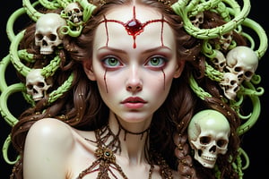 detailed realistic beautiful porcelain skull goddess portrait (braided hair color is neon green radioactive), (((skin color is dark brown))), by tsutomu nihei, peter gric, iris van herpen and wangechi Mutu, art forms of nature by ernst haeckel, art nouveau, symbolist, Kinetic Art, visionary, gothic, ((ghoul)), neo - gothic, pre - raphaelite, fractal lace, intricate alien botanicals, ai biodiversity, surreality, hyperdetailed ultrasharp octane render, (Audrey Kawasaki, Anna Dittmann), known for their captivating and atmospheric pieces. The overall effect of the image is ethereal, as if the woman is enveloped in glowing stardust, created expertly by artist W. Zelmer. The image is of exceptional quality, showcasing the fine details and masterful blending of colors, ((dripping blood, bones, crackling skin, Skulls)), ectoplasm, more skulls:1.4, ((Shrink heads as hair decor:1.3))