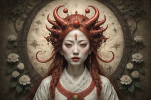 symmetrical portrait of surreal abandoned sculpture of white japanese female stunning sensual Tengu (with a splashing coloration of Alberto Seveso and Basil Gogos), ((Wild crazy long fire red hair)), dream - like heavy mysterious atmosphere,in an abandoned japanese overgrown shrine, perfect composition,beautiful detailed intricate insanely detailed octane,unreal engine 5,8k artistic photography,photo realistic,soft natural volumetric cinematic perfect light,chiaroscuro,award - winning photography, (((tsutomu nihei, Bastien Lecouffe Deharme,  iris van herpen and Ayami Kojima))), art forms of nature by ernst haeckel,  art nouveau,  symbolist,  Kinetic Art,  visionary,  gothic,  (((ancient japanese mythical being, Tengu with horns:1.4))),  neo - gothic,  pre - raphaelite,  fractal lace, intricate mythical botanical,  ai biodiversity,  surrealism,  hyper detailed ultra sharp octane render,  (Audrey Kawasaki,  Anna Dittmann:1.4),  known for their captivating and atmospheric pieces. The overall effect of the image is ethereal,  as if the woman is enveloped in glowing stardust created expertly by artist W. Zelmer. The image is of exceptional quality,  showcasing the fine details and masterful blending of colors, folklore, ,on parchment, Chinese Ghost Story, 