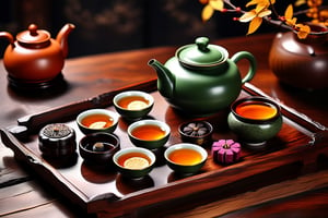 Imagine a traditional chinese tea ceremony with a yellow yixing teapot, small cups, cha hai art like (Jean Baptiste Monge) (shimmering steaming tea ceremony, wooden trays, old rustic dark wooden table:1.4), its smooth surface placed on a crafted wooden tray with osmanthus leaves, dried fruits and nuts, cute snail teapet,(autumn feel, chinese tea ceremony, chinese porcelain cups of steaming hot pu-erh tea:1.4), ((artfully arranged with a colorful range of traditional chinese sweets)), ((Chinese moon cake and Pu-erh cakes in the Background:1.3)), (photo HDR 8K) ,painting magic,  (splendid environment of tensor art),  perfect contrast,  (correct sharp photorealistic environment),  (highly detailed background),  detailed,  (masterpiece,  best quality:1.3) chuppy_fat:2,  looking viewer,  (Ultrasharp,  8k,  detailed,  ink art,  stunning,  vray tracing,  style raw,  unreal engine),  High detailed , Color magic,  Saturated colors,