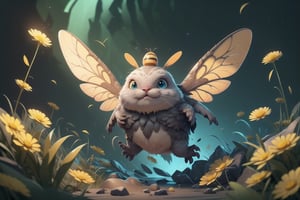 A unique flying creature, part bee and part bunny (bunny eas and bee wings), takes flight above a Tim Burton-esque landscape filled with fantastical dandelions, (photo HDR 8K) ,painting magic,  (splendid environment of tensor art),  perfect contrast,  (correct sharp photorealistic environment),  (highly detailed bacgroung),  detailed,  (masterpiece,  best quality:1.3) Animal,  chuppy_fat:2,  looking viewer,  (Ultrasharp,  8k,  detailed,  ink art,  stunning,  vray tracing,  style raw,  unreal engine),  High detailed , Color magic,  Saturated colors,  game icon