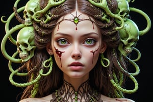 detailed realistic beautiful porcelain skull goddess portrait (braided hair color is neon green radioactive), (((skin color is dark brown))), by tsutomu nihei, peter gric, iris van herpen and wangechi Mutu, art forms of nature by ernst haeckel, art nouveau, ((Shrink heads as hair decor:1.3)), symbolist, Kinetic Art, visionary, gothic, ((ghoul)), neo - gothic, pre - raphaelite, fractal lace, intricate alien botanicals, ai biodiversity, surreality, hyperdetailed ultrasharp octane render, (Audrey Kawasaki, Anna Dittmann:1.4), known for their captivating and atmospheric pieces. The overall effect of the image is ethereal, as if the woman is enveloped in glowing stardust, created expertly by artist W. Zelmer. The image is of exceptional quality, showcasing the fine details and masterful blending of colors, ((dripping blood, bones, crackling skin, Skulls)), ectoplasm, more skulls:1.4, 