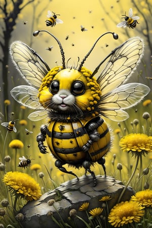  a creature that combines the delicate beauty of a bee with the cuteness of a bunny and a zombie (style of Jean Baptiste Monge). Its wings are made of shimmering chitin,  and its body is adorned with bold yellow and black stripes. It is flying through a surreal landscape,  reminiscent of Tim Burton's twisted imagination,  with Blowballs (dandelion blowballs:1.4) that seem to be straight out of a dream. (yellow black stripes:1.4),  (bunny eas and bee transparent chitin wings:1.4),  (photo HDR 8K) , painting magic,  (splendid environment of tensor art),  perfect contrast,  (correct sharp photorealistic environment),  (highly detailed bacgroung),  detailed,  (masterpiece,  best quality:1.3) chuppy_fat:2,  looking viewer,  (Ultrasharp,  8k,  detailed,  ink art,  stunning,  vray tracing,  style raw,  unreal engine),  High detailed,  Color magic,  Saturated colors,  game icon,