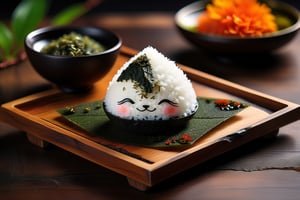 Imagine a chibi kawaii cute onigiri art like (Jean Baptiste Monge) (shimmering rice onigiri with triangular shape and nori seaweed sheet:1.4), its smooth surface, its huge cute eyes perked up in curiosity at it is placed on a crafted wooden tray with sakura leaves and a steaming hot japanese cup of green tea (autumn feel, japanese tea ceremony, cup of steaming hot Sencha green tea:1.4), ((artfully arranged with a colorful range of Wagashi and Wasanbon traditional japanese tea sweets)), (photo HDR 8K) ,painting magic,  (splendid environment of tensor art),  perfect contrast,  (correct sharp photorealistic environment),  (highly detailed background),  detailed,  (masterpiece,  best quality:1.3) chuppy_fat:2,  looking viewer,  (Ultrasharp,  8k,  detailed,  ink art,  stunning,  vray tracing,  style raw,  unreal engine),  High detailed , Color magic,  Saturated colors,