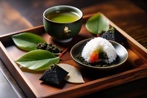 Imagine a chibi kawaii onigiri art like (Jean Baptiste Monge) (shimmering rice onigiri with triangular shape and nori seaweed sheet:1.4), its smooth surface, its huge cute eyes perked up in curiosity at it is placed on a crafted wooden tray with sakura leaves and a steaming hot japanese cup of green tea (autumn feel, japanese tea ceremony, cup of steaming hot Sencha green tea:1.4), ((artfully arranged with a colorful range of Wagashi and Wasanbon traditional japanese tea sweets)), (photo HDR 8K) ,painting magic,  (splendid environment of tensor art),  perfect contrast,  (correct sharp photorealistic environment),  (highly detailed background),  detailed,  (masterpiece,  best quality:1.3) chuppy_fat:2,  looking viewer,  (Ultrasharp,  8k,  detailed,  ink art,  stunning,  vray tracing,  style raw,  unreal engine),  High detailed , Color magic,  Saturated colors,