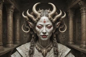 symmetrical portrait of surreal abandoned sculpture of white japanese female Tengu (with a splashing coloration of Alberto Seveso and Basil Gogos), ((Wild crazy long hair)), dream - like heavy mysterious atmosphere,in an abandoned shrine, baroque landscape,perfect composition,beautiful detailed intricate insanely detailed octane,unreal engine 5,8k artistic photography,photo realistic,soft natural volumetric cinematic perfect light,chiaroscuro,award - winning photography, ((tsutomu nihei, Bastien Lecouffe Deharme,  iris van herpen and wangechi Mutu)), art forms of nature by ernst haeckel,  art nouveau,  symbolist,  Kinetic Art,  visionary,  gothic,  (((ancient japanese mythical being, Tengu with horns and shapr demon teeth:1.4))),  neo - gothic,  pre - raphaelite,  fractal lace, intricate mythical botanical,  ai biodiversity,  surrealism,  hyper detailed ultra sharp octane render,  (Audrey Kawasaki,  Anna Dittmann:1.4),  known for their captivating and atmospheric pieces. The overall effect of the image is ethereal,  as if the woman is enveloped in glowing stardust created expertly by artist W. Zelmer. The image is of exceptional quality,  showcasing the fine details and masterful blending of colors, folklore, ,on parchment