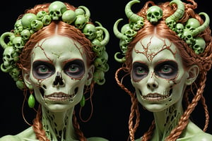 detailed realistic beautiful porcelain skull goddess portrait (braided hair color is neon green radioactive), (((skin color is copper))), by tsutomu nihei, peter gric, iris van herpen and wangechi Mutu, art forms of nature by ernst haeckel, art nouveau, ((Shrink heads as hair decor:1.3)), symbolist, Kinetic Art, visionary, gothic, (((Merrow Irish mythical being:1.4))), neo - gothic, pre - raphaelite, fractal lace, intricate alien botanicals, ai biodiversity, surreality, hyperdetailed ultrasharp octane render, (Audrey Kawasaki, Anna Dittmann:1.4), known for their captivating and atmospheric pieces. The overall effect of the image is ethereal, as if the woman is enveloped in glowing stardust, created expertly by artist W. Zelmer. The image is of exceptional quality, showcasing the fine details and masterful blending of colors, ((crackling skin, Skulls)), ectoplasm, more skulls:1.4, 