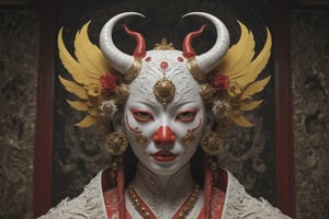 symmetrical portrait of surreal abandoned sculpture of white japanese female Tengu (with a splashing coloration of Alberto Seveso and Basil Gogos), covered with chinese red yellow paper talisman, dream - like heavy mysterious atmosphere,in an abandoned shrine, baroque landscape,perfect composition,beautiful detailed intricate insanely detailed octane,unreal engine 5,8k artistic photography,photo realistic,soft natural volumetric cinematic perfect light,chiaroscuro,award - winning photography, ((tsutomu nihei, Bastien Lecouffe Deharme,  iris van herpen and wangechi Mutu)), art forms of nature by ernst haeckel,  art nouveau,  symbolist,  Kinetic Art,  visionary,  gothic,  (((ancient japanese mythical being, Tengu with horns and shapr demon teeth:1.4))),  neo - gothic,  pre - raphaelite,  fractal lace, intricate mythical botanical,  ai biodiversity,  surrealism,  hyper detailed ultra sharp octane render,  (Audrey Kawasaki,  Anna Dittmann:1.4),  known for their captivating and atmospheric pieces. The overall effect of the image is ethereal,  as if the woman is enveloped in glowing stardust,  created expertly by artist W. Zelmer. The image is of exceptional quality,  showcasing the fine details and masterful blending of colors, folklore, 