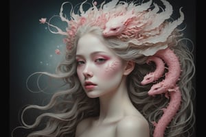 This paragraph describes a stunning image of a ghostly woman with Axolotl features and a human face. The image is primarily a painting, filled with vibrant colors such as pink, cream, red, white, and luminescence. The woman has a shiny aura surrounding her, and her presence is further enhanced by the intricate red filigree designs that adorn the artwork. The style of the image takes inspiration from artists Januz Miralles and Audrey Kawasaki, known for their captivating and atmospheric pieces. The overall effect of the image is ethereal, as if the woman is enveloped in glowing stardust, created expertly by artist W. Zelmer. The image is of exceptional quality, showcasing the fine details and masterful blending of colors. The background is like a dark image within the depths of the ocean while a sunken rustic ship is portrait stranded in the distance  Kinetic Art,  visionary,  gothic,  (((ancient mythical being:1.4))),  neo - gothic,  pre - raphaelite,  fractal lace, intricate mythical botanical,  ai biodiversity,  surrealism,  hyper detailed ultra sharp octane render,  (Audrey Kawasaki,  Anna Dittmann:1.4),  known for their captivating and atmospheric pieces. The overall effect of the image is ethereal,  as if the woman is enveloped in glowing stardust,  created expertly by artist W. Zelmer. The image is of exceptional quality,  showcasing the fine details and masterful blending of colors,