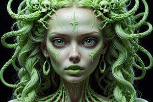 detailed realistic beautiful porcelain skull goddess portrait (neon green radioactive braided hair) by jean delville, gustave dore, iris van herpen and marco mazzoni, art forms of nature by ernst haeckel, art nouveau, symbolist, Kinetic Art, visionary, gothic, ((ghoul)), neo - gothic, pre - raphaelite, fractal lace, intricate alien botanicals, ai biodiversity, surreality, hyperdetailed ultrasharp octane render, (Audrey Kawasaki, Anna Dittmann), known for their captivating and atmospheric pieces. The overall effect of the image is ethereal, as if the woman is enveloped in glowing stardust, created expertly by artist W. Zelmer. The image is of exceptional quality, showcasing the fine details and masterful blending of colors, ((dripping blood, bones, crackling skin, Skulls)), ectoplasm, more skulls:1.4