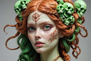 detailed realistic beautiful porcelain skull goddess portrait (braided hair color is neon green radioactive), (((skin color is copper))), by tsutomu nihei, peter gric, iris van herpen and wangechi Mutu, art forms of nature by ernst haeckel, art nouveau, ((Shrink heads as hair decor:1.3)), symbolist, Kinetic Art, visionary, gothic, (((Merrow Irish mythical being:1.4))), neo - gothic, pre - raphaelite, fractal lace, intricate alien botanicals, ai biodiversity, surreality, hyperdetailed ultrasharp octane render, (Audrey Kawasaki, Anna Dittmann:1.4), known for their captivating and atmospheric pieces. The overall effect of the image is ethereal, as if the woman is enveloped in glowing stardust, created expertly by artist W. Zelmer. The image is of exceptional quality, showcasing the fine details and masterful blending of colors, ((crackling skin, Skulls)), ectoplasm, more skulls:1.4, 