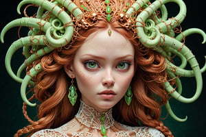 detailed realistic beautiful porcelain skull goddess portrait (braided hair color is neon green radioactive), (((skin color is copper))), by tsutomu nihei, peter gric, iris van herpen and wangechi Mutu, art forms of nature by ernst haeckel, art nouveau, ((Shrink heads as hair decor:1.3)), symbolist, Kinetic Art, visionary, gothic, (((MOTHRA))), neo - gothic, pre - raphaelite, fractal lace, intricate alien botanicals, ai biodiversity, surreality, hyperdetailed ultrasharp octane render, (Audrey Kawasaki, Anna Dittmann:1.4), known for their captivating and atmospheric pieces. The overall effect of the image is ethereal, as if the woman is enveloped in glowing stardust, created expertly by artist W. Zelmer. The image is of exceptional quality, showcasing the fine details and masterful blending of colors, ((crackling skin, Skulls)), ectoplasm, more skulls:1.4, 