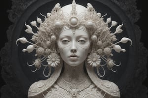 symmetrical portrait of surreal abandoned sculpture of white egyptian horus as female queen with a splashing coloration of Alberto Seveso, covered with white tentacles white flesh white meat on white exoplanet,soft bloom,dream - like heavy mysterious atmosphere,in the wastelands, baroque landscape,perfect composition,beautiful detailed intricate insanely detailed octane,unreal engine 5,8k artistic photography,photo realistic,soft natural volumetric cinematic perfect light,chiaroscuro,award - winning photography tsutomu nihei,  Bastien Lecouffe Deharme,  iris van herpen and wangechi Mutu,  art forms of nature by ernst haeckel,  art nouveau,  symbolist,  Kinetic Art,  visionary,  gothic,  (((Merrow Irish mythical being:1.4))),  neo - gothic,  pre - raphaelite,  fractal lace, intricate mythical botanical,  ai biodiversity,  surrealism,  hyper detailed ultra sharp octane render,  (Audrey Kawasaki,  Anna Dittmann:1.4),  known for their captivating and atmospheric pieces. The overall effect of the image is ethereal,  as if the woman is enveloped in glowing stardust,  created expertly by artist W. Zelmer. The image is of exceptional quality,  showcasing the fine details and masterful blending of colors,