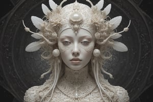 symmetrical portrait of surreal abandoned sculpture of white egyptian horus as female queen with a splashing coloration of Alberto Seveso, covered with white tentacles white flesh white meat on white exoplanet,soft bloom,dream - like heavy mysterious atmosphere,in the wastelands, baroque landscape,perfect composition,beautiful detailed intricate insanely detailed octane,unreal engine 5,8k artistic photography,photo realistic,soft natural volumetric cinematic perfect light,chiaroscuro,award - winning photography, ((tsutomu nihei, Bastien Lecouffe Deharme,  iris van herpen and wangechi Mutu)), art forms of nature by ernst haeckel,  art nouveau,  symbolist,  Kinetic Art,  visionary,  gothic,  (((ancient mythical being:1.4))),  neo - gothic,  pre - raphaelite,  fractal lace, intricate mythical botanical,  ai biodiversity,  surrealism,  hyper detailed ultra sharp octane render,  (Audrey Kawasaki,  Anna Dittmann:1.4),  known for their captivating and atmospheric pieces. The overall effect of the image is ethereal,  as if the woman is enveloped in glowing stardust,  created expertly by artist W. Zelmer. The image is of exceptional quality,  showcasing the fine details and masterful blending of colors,