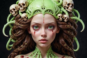 detailed realistic beautiful porcelain skull goddess portrait (braided hair color is neon green radioactive), (((skin color is dark brown))), by tsutomu nihei, peter gric, iris van herpen and wangechi Mutu, art forms of nature by ernst haeckel, art nouveau, symbolist, Kinetic Art, visionary, gothic, ((ghoul)), neo - gothic, pre - raphaelite, fractal lace, intricate alien botanicals, ai biodiversity, surreality, hyperdetailed ultrasharp octane render, (Audrey Kawasaki, Anna Dittmann), known for their captivating and atmospheric pieces. The overall effect of the image is ethereal, as if the woman is enveloped in glowing stardust, created expertly by artist W. Zelmer. The image is of exceptional quality, showcasing the fine details and masterful blending of colors, ((dripping blood, bones, crackling skin, Skulls)), ectoplasm, more skulls:1.4, ((Shrink heads as hair decor:1.3))