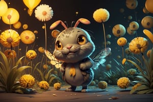 Imagine a creature that combines the delicate beauty of a bee with the cuteness of a bunny and a zombie. Its wings are made of shimmering chitin, and its body is adorned with bold yellow and black stripes. It is flying through a surreal landscape, reminiscent of Tim Burton's twisted imagination, with Blowballs (dandelion blowballs:1.4) that seem to be straight out of a dream. (yellow black stripes:1.4), (bunny eas and bee transparent chitin wings:1.4), (photo HDR 8K) ,painting magic,  (splendid environment of tensor art),  perfect contrast,  (correct sharp photorealistic environment),  (highly detailed bacgroung),  detailed,  (masterpiece,  best quality:1.3) chuppy_fat:2,  looking viewer,  (Ultrasharp,  8k,  detailed,  ink art,  stunning,  vray tracing,  style raw,  unreal engine),  High detailed , Color magic,  Saturated colors,  game icon