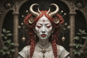 symmetrical portrait of surreal abandoned sculpture of white japanese female stunning sensual Tengu (with a splashing coloration of Alberto Seveso and Basil Gogos), ((Wild crazy long fire red hair)), dream - like heavy mysterious atmosphere,in an abandoned japanese overgrown shrine, perfect composition,beautiful detailed intricate insanely detailed octane,unreal engine 5,8k artistic photography,photo realistic,soft natural volumetric cinematic perfect light,chiaroscuro,award - winning photography, (((tsutomu nihei, Bastien Lecouffe Deharme,  iris van herpen and Ayami Kojima))), art forms of nature by ernst haeckel,  art nouveau,  symbolist,  Kinetic Art,  visionary,  gothic,  (((ancient japanese mythical being, crying Tengu with horns:1.4))),  neo - gothic,  pre - raphaelite,  fractal lace, intricate mythical botanical,  ai biodiversity,  surrealism,  hyper detailed ultra sharp octane render,  (Audrey Kawasaki,  Anna Dittmann:1.4),  known for their captivating and atmospheric pieces. The overall effect of the image is ethereal,  as if the woman is enveloped in glowing stardust created expertly by artist W. Zelmer. The image is of exceptional quality,  showcasing the fine details and masterful blending of colors, folklore, ,on parchment, Chinese Ghost Story, ((luminescence, iridescent effect))