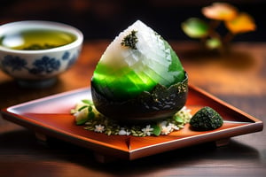 Imagine a chibi kawaii cute onigiri art like (Jean Baptiste Monge) (shimmering rice onigiri with triangular shape and nori seaweed sheet:1.4), its smooth surface, its huge cute eyes perked up in curiosity at it is placed on a crafted wooden tray with sakura leaves and a steaming hot japanese cup of green tea (autumn feel, japanese tea ceremony, cup of steaming hot Sencha green tea:1.4), ((artfully arranged with a colorful range of Wagashi and Wasanbon traditional japanese tea sweets)), (photo HDR 8K) ,painting magic,  (splendid environment of tensor art),  perfect contrast,  (correct sharp photorealistic environment),  (highly detailed background),  detailed,  (masterpiece,  best quality:1.3) chuppy_fat:2,  looking viewer,  (Ultrasharp,  8k,  detailed,  ink art,  stunning,  vray tracing,  style raw,  unreal engine),  High detailed , Color magic,  Saturated colors,