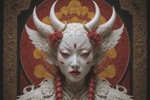 symmetrical portrait of surreal abandoned sculpture of white japanese female Tengu (with a splashing coloration of Alberto Seveso and Basil Gogos), covered with chinese red yellow paper talisman, dream - like heavy mysterious atmosphere,in an abandoned shrine, baroque landscape,perfect composition,beautiful detailed intricate insanely detailed octane,unreal engine 5,8k artistic photography,photo realistic,soft natural volumetric cinematic perfect light,chiaroscuro,award - winning photography, ((tsutomu nihei, Bastien Lecouffe Deharme,  iris van herpen and wangechi Mutu)), art forms of nature by ernst haeckel,  art nouveau,  symbolist,  Kinetic Art,  visionary,  gothic,  (((ancient japanese mythical being, Tengu with horns and shapr demon teeth:1.4))),  neo - gothic,  pre - raphaelite,  fractal lace, intricate mythical botanical,  ai biodiversity,  surrealism,  hyper detailed ultra sharp octane render,  (Audrey Kawasaki,  Anna Dittmann:1.4),  known for their captivating and atmospheric pieces. The overall effect of the image is ethereal,  as if the woman is enveloped in glowing stardust,  created expertly by artist W. Zelmer. The image is of exceptional quality,  showcasing the fine details and masterful blending of colors, folklore, 