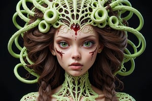 detailed realistic beautiful porcelain skull goddess portrait (braided hair color is neon green radioactive), (((skin color is dark brown))), by tsutomu nihei, peter gric, iris van herpen and wangechi Mutu, art forms of nature by ernst haeckel, art nouveau, ((Shrink heads as hair decor:1.3)), symbolist, Kinetic Art, visionary, gothic, ((ghoul)), neo - gothic, pre - raphaelite, fractal lace, intricate alien botanicals, ai biodiversity, surreality, hyperdetailed ultrasharp octane render, (Audrey Kawasaki, Anna Dittmann:1.4), known for their captivating and atmospheric pieces. The overall effect of the image is ethereal, as if the woman is enveloped in glowing stardust, created expertly by artist W. Zelmer. The image is of exceptional quality, showcasing the fine details and masterful blending of colors, ((dripping blood, bones, crackling skin, Skulls)), ectoplasm, more skulls:1.4, 