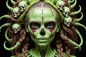 detailed realistic beautiful porcelain skull goddess portrait (neon green radioactive braided hair, dark brown skin) by tsutomu nihei, peter gric, iris van herpen and wangechi Mutu, art forms of nature by ernst haeckel, art nouveau, symbolist, Kinetic Art, visionary, gothic, ((ghoul)), neo - gothic, pre - raphaelite, fractal lace, intricate alien botanicals, ai biodiversity, surreality, hyperdetailed ultrasharp octane render, (Audrey Kawasaki, Anna Dittmann), known for their captivating and atmospheric pieces. The overall effect of the image is ethereal, as if the woman is enveloped in glowing stardust, created expertly by artist W. Zelmer. The image is of exceptional quality, showcasing the fine details and masterful blending of colors, ((dripping blood, bones, crackling skin, Skulls)), ectoplasm, more skulls:1.4