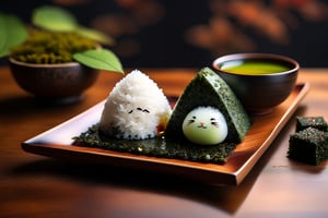 Imagine a chibi kawaii onigiri art like (Jean Baptiste Monge) (shimmering rice onigiri with triangular shape and nori seaweed sheet:1.4), its smooth surface, its huge cute eyes perked up in curiosity at it is placed on a crafted wooden tray with sakura leaves and a steaming hot japanese cup of green tea (autumn feel, japanese tea ceremony, cup of steaming hot Sencha green tea:1.4), ((artfully arranged with a colorful range of Wagashi and Wasanbon traditional japanese tea sweets)), (photo HDR 8K) ,painting magic,  (splendid environment of tensor art),  perfect contrast,  (correct sharp photorealistic environment),  (highly detailed background),  detailed,  (masterpiece,  best quality:1.3) chuppy_fat:2,  looking viewer,  (Ultrasharp,  8k,  detailed,  ink art,  stunning,  vray tracing,  style raw,  unreal engine),  High detailed , Color magic,  Saturated colors,