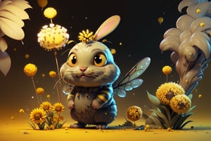Imagine a creature that combines the delicate beauty of a bee with the cuteness of a bunny. Its wings are made of shimmering chitin, and its body is adorned with bold yellow and black stripes. It is flying through a surreal landscape, reminiscent of Tim Burton's twisted imagination, with Blowballs (dandelion blowballs:1.4) that seem to be straight out of a dream. (yellow black stripes:1.4), (bunny eas and bee transparent chitin wings:1.4), (photo HDR 8K) ,painting magic,  (splendid environment of tensor art),  perfect contrast,  (correct sharp photorealistic environment),  (highly detailed bacgroung),  detailed,  (masterpiece,  best quality:1.3) chuppy_fat:2,  looking viewer,  (Ultrasharp,  8k,  detailed,  ink art,  stunning,  vray tracing,  style raw,  unreal engine),  High detailed , Color magic,  Saturated colors,  game icon