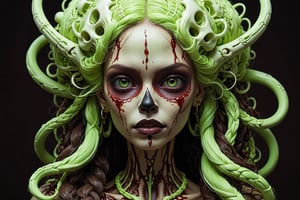 detailed realistic beautiful porcelain skull goddess portrait (neon green radioactive braided hair), (((dark brown skin))), by tsutomu nihei, peter gric, iris van herpen and wangechi Mutu, art forms of nature by ernst haeckel, art nouveau, symbolist, Kinetic Art, visionary, gothic, ((ghoul)), neo - gothic, pre - raphaelite, fractal lace, intricate alien botanicals, ai biodiversity, surreality, hyperdetailed ultrasharp octane render, (Audrey Kawasaki, Anna Dittmann), known for their captivating and atmospheric pieces. The overall effect of the image is ethereal, as if the woman is enveloped in glowing stardust, created expertly by artist W. Zelmer. The image is of exceptional quality, showcasing the fine details and masterful blending of colors, ((dripping blood, bones, crackling skin, Skulls)), ectoplasm, more skulls:1.4