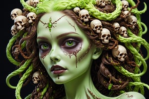 detailed realistic beautiful porcelain skull goddess portrait (neon green radioactive braided hair, dark brown skin) by jean delville, gustave dore, iris van herpen and marco mazzoni, art forms of nature by ernst haeckel, art nouveau, symbolist, Kinetic Art, visionary, gothic, ((ghoul)), neo - gothic, pre - raphaelite, fractal lace, intricate alien botanicals, ai biodiversity, surreality, hyperdetailed ultrasharp octane render, (Audrey Kawasaki, Anna Dittmann), known for their captivating and atmospheric pieces. The overall effect of the image is ethereal, as if the woman is enveloped in glowing stardust, created expertly by artist W. Zelmer. The image is of exceptional quality, showcasing the fine details and masterful blending of colors, ((dripping blood, bones, crackling skin, Skulls)), ectoplasm, more skulls:1.4