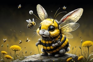  a creature that combines the delicate beauty of a bee with the cuteness of a bunny and a zombie (style of Jean Baptiste Monge). Its wings are made of shimmering chitin,  and its body is adorned with bold yellow and black stripes. It is flying through a surreal landscape,  reminiscent of Tim Burton's twisted imagination,  with Blowballs (dandelion blowballs:1.4) that seem to be straight out of a dream. (yellow black stripes:1.4),  (bunny eas and bee transparent chitin wings:1.4),  (photo HDR 8K) , painting magic,  (splendid environment of tensor art),  perfect contrast,  (correct sharp photorealistic environment),  (highly detailed bacgroung),  detailed,  (masterpiece,  best quality:1.3) chuppy_fat:2,  looking viewer,  (Ultrasharp,  8k,  detailed,  ink art,  stunning,  vray tracing,  style raw,  unreal engine),  High detailed,  Color magic,  Saturated colors,  game icon,