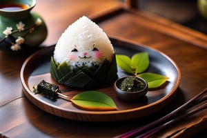 Imagine a chibi kawaii cute onigiri art like (Jean Baptiste Monge) (shimmering rice onigiri with triangular shape and nori seaweed sheet:1.4), its smooth surface, its huge cute eyes perked up in curiosity at it is placed on a crafted wooden tray with sakura leaves and a steaming hot japanese cup of green tea (autumn feel, japanese tea ceremony, cup of steaming hot Sencha green tea:1.4), ((artfully arranged with a colorful range of Wagashi and Wasanbon traditional japanese tea sweets)), (photo HDR 8K) ,painting magic,  (splendid environment of tensor art),  perfect contrast,  (correct sharp photorealistic environment),  (highly detailed background),  detailed,  (masterpiece,  best quality:1.3) chuppy_fat:2,  looking viewer,  (Ultrasharp,  8k,  detailed,  ink art,  stunning,  vray tracing,  style raw,  unreal engine),  High detailed , Color magic,  Saturated colors,