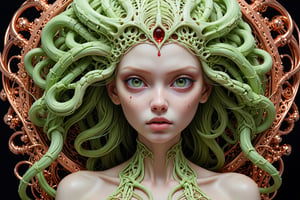 detailed realistic beautiful porcelain skull goddess portrait (braided hair color is neon green radioactive), (((skin color is copper))), by tsutomu nihei, peter gric, iris van herpen and wangechi Mutu, art forms of nature by ernst haeckel, art nouveau, ((Shrink heads as hair decor:1.3)), symbolist, Kinetic Art, visionary, gothic, ((ghoul)), neo - gothic, pre - raphaelite, fractal lace, intricate alien botanicals, ai biodiversity, surreality, hyperdetailed ultrasharp octane render, (Audrey Kawasaki, Anna Dittmann:1.4), known for their captivating and atmospheric pieces. The overall effect of the image is ethereal, as if the woman is enveloped in glowing stardust, created expertly by artist W. Zelmer. The image is of exceptional quality, showcasing the fine details and masterful blending of colors, ((dripping blood, bones, crackling skin, Skulls)), ectoplasm, more skulls:1.4, 