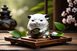 Imagine a chibi onigiri art like (Jean Baptiste Monge) (shimmering cream tofu white coloration:1.4), its smooth surface, its huge cute eyes perked up in curiosity at it is placed on crafted wooden tray with sakura leaves and a steaming hot japanese cup of green tea (autumn feel, japanes tea ceremony), (photo HDR 8K) ,painting magic,  (splendid environment of tensor art),  perfect contrast,  (correct sharp photorealistic environment),  (highly detailed background),  detailed,  (masterpiece,  best quality:1.3) chuppy_fat:2,  looking viewer,  (Ultrasharp,  8k,  detailed,  ink art,  stunning,  vray tracing,  style raw,  unreal engine),  High detailed , Color magic,  Saturated colors,