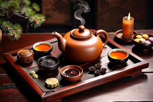 Imagine a traditional chinese tea ceremony with a yellow yixing teapot, small cups, cha hai art like (Jean Baptiste Monge) (shimmering steaming tea ceremony, wooden trays, old rustic dark wooden table:1.4), its smooth surface placed on a stone table covered in snow with pine cones, mistletoe, cute snail teapet,(winter feel, chinese tea ceremony, clay yixing teapot, chinese clay cups of steaming hot pu-erh tea:1.4), ((artfully arranged with a colorful range of traditional chinese sweets)), ((Chinese moon cake and Pu-erh cakes in the Background:1.4)), (photo HDR 8K) ,painting magic,  (splendid environment of tensor art),  perfect contrast,  (correct sharp photorealistic environment),  (highly detailed background),  detailed,  (masterpiece,  best quality:1.3) chuppy_fat:2,  looking viewer,  (Ultrasharp,  8k,  detailed,  ink art,  stunning,  vray tracing,  style raw,  unreal engine),  High detailed , Color magic,  Saturated colors,