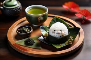 Imagine a chibi kawaii cute onigiri art like (Jean Baptiste Monge) (shimmering rice onigiri with triangular shape and nori seaweed sheet:1.4), its smooth surface, its huge cute eyes perked up in curiosity at it is placed on a crafted wooden tray with sakura leaves and a steaming hot japanese cup of green tea (autumn feel, japanese tea ceremony, cup of steaming hot Sencha green tea:1.4), ((artfully arranged with a colorful range of Wagashi and Wasanbon traditional japanese tea sweets)), (photo HDR 8K) ,painting magic,  (splendid environment of tensor art),  perfect contrast,  (correct sharp photorealistic environment),  (highly detailed background),  detailed,  (masterpiece,  best quality:1.3) chuppy_fat:2,  looking viewer,  (Ultrasharp,  8k,  detailed,  ink art,  stunning,  vray tracing,  style raw,  unreal engine),  High detailed , Color magic,  Saturated colors,