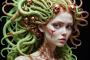 detailed realistic beautiful porcelain skull goddess portrait (braided hair color is neon green radioactive), (((skin color is copper))), by tsutomu nihei, peter gric, iris van herpen and wangechi Mutu, art forms of nature by ernst haeckel, art nouveau, ((Shrink heads as hair decor:1.3)), symbolist, Kinetic Art, visionary, gothic, ((ghoul)), neo - gothic, pre - raphaelite, fractal lace, intricate alien botanicals, ai biodiversity, surreality, hyperdetailed ultrasharp octane render, (Audrey Kawasaki, Anna Dittmann:1.4), known for their captivating and atmospheric pieces. The overall effect of the image is ethereal, as if the woman is enveloped in glowing stardust, created expertly by artist W. Zelmer. The image is of exceptional quality, showcasing the fine details and masterful blending of colors, ((dripping blood, bones, crackling skin, Skulls)), ectoplasm, more skulls:1.4, 