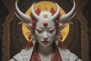 symmetrical portrait of surreal abandoned sculpture of white japanese female Tengu (with a splashing coloration of Alberto Seveso and Basil Gogos), covered with chinese red yellow paper talisman, dream - like heavy mysterious atmosphere,in an abandoned shrine, baroque landscape,perfect composition,beautiful detailed intricate insanely detailed octane,unreal engine 5,8k artistic photography,photo realistic,soft natural volumetric cinematic perfect light,chiaroscuro,award - winning photography, ((tsutomu nihei, Bastien Lecouffe Deharme,  iris van herpen and wangechi Mutu)), art forms of nature by ernst haeckel,  art nouveau,  symbolist,  Kinetic Art,  visionary,  gothic,  (((ancient japanese mythical being, Tengu with horns and shapr demon teeth:1.4))),  neo - gothic,  pre - raphaelite,  fractal lace, intricate mythical botanical,  ai biodiversity,  surrealism,  hyper detailed ultra sharp octane render,  (Audrey Kawasaki,  Anna Dittmann:1.4),  known for their captivating and atmospheric pieces. The overall effect of the image is ethereal,  as if the woman is enveloped in glowing stardust,  created expertly by artist W. Zelmer. The image is of exceptional quality,  showcasing the fine details and masterful blending of colors, folklore, 