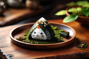 Imagine a chibi kawaii onigiri art like (Jean Baptiste Monge) (shimmering rice onigiri with triangular shape and nori seaweed sheet:1.4), its smooth surface, its huge cute eyes perked up in curiosity at it is placed on crafted wooden tray with sakura leaves and a steaming hot japanese cup of green tea (autumn feel, japanes tea ceremony), (photo HDR 8K) ,painting magic,  (splendid environment of tensor art),  perfect contrast,  (correct sharp photorealistic environment),  (highly detailed background),  detailed,  (masterpiece,  best quality:1.3) chuppy_fat:2,  looking viewer,  (Ultrasharp,  8k,  detailed,  ink art,  stunning,  vray tracing,  style raw,  unreal engine),  High detailed , Color magic,  Saturated colors,