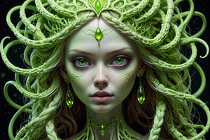 detailed realistic beautiful porcelain skull goddess portrait (neon green radioactive braided hair) by jean delville, gustave dore, iris van herpen and marco mazzoni, art forms of nature by ernst haeckel, art nouveau, symbolist, Kinetic Art, visionary, gothic, ((ghoul)), neo - gothic, pre - raphaelite, fractal lace, intricate alien botanicals, ai biodiversity, surreality, hyperdetailed ultrasharp octane render, (Audrey Kawasaki, Anna Dittmann), known for their captivating and atmospheric pieces. The overall effect of the image is ethereal, as if the woman is enveloped in glowing stardust, created expertly by artist W. Zelmer. The image is of exceptional quality, showcasing the fine details and masterful blending of colors, ((dripping blood, bones, crackling skin, Skulls)), ectoplasm
