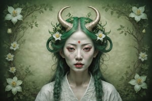 symmetrical portrait of surreal abandoned sculpture of white japanese female stunning sensual Tengu (with a splashing coloration of Alberto Seveso and Basil Gogos), ((Wild crazy long green tea hair)), dream - like heavy mysterious atmosphere,in an abandoned japanese overgrown shrine, perfect composition,beautiful detailed intricate insanely detailed octane,unreal engine 5,8k (artistic photography like Bella Kotak),photo realistic,soft natural volumetric cinematic perfect light,chiaroscuro,award - winning photography, (((tsutomu nihei, Bastien Lecouffe Deharme, iris van herpen and Ayami Kojima))), art forms of nature by ernst haeckel,  art nouveau,  symbolist,  Kinetic Art,  visionary,  gothic,  (((ancient japanese mythical being, crying Tengu with horns:1.4))),  neo - gothic,  pre - raphaelite,  fractal lace, intricate mythical botanical,  ai biodiversity,  surrealism,  hyper detailed ultra sharp octane render,  (Audrey Kawasaki,  Anna Dittmann:1.4),  known for their captivating and atmospheric pieces. The overall effect of the image is ethereal,  as if the woman is enveloped in glowing stardust created expertly by artist W. Zelmer. The image is of exceptional quality,  showcasing the fine details and masterful blending of colors, folklore, ,on parchment, Chinese Ghost Story, ((luminescence, iridescent effect:1.3)), (((Sencha Green Tea:1.4)))