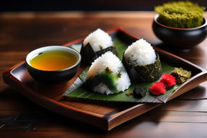 Imagine a chibi kawaii onigiri art like (Jean Baptiste Monge) (shimmering rice onigiri with triangular shape and nori seaweed sheet:1.4), its smooth surface, its huge cute eyes perked up in curiosity at it is placed on a crafted wooden tray with sakura leaves and a steaming hot japanese cup of green tea (autumn feel, japanese tea ceremony, cup of steaming hot Sencha green tea:1.4), ((artfully arranged with a colorful range of Wagashi and Wasanbon traditional japanese tea sweets)), (photo HDR 8K) ,painting magic,  (splendid environment of tensor art),  perfect contrast,  (correct sharp photorealistic environment),  (highly detailed background),  detailed,  (masterpiece,  best quality:1.3) chuppy_fat:2,  looking viewer,  (Ultrasharp,  8k,  detailed,  ink art,  stunning,  vray tracing,  style raw,  unreal engine),  High detailed , Color magic,  Saturated colors,