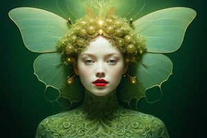 photo RAW, (starbucks green and gold: Portrait of ghostly woman with Blackberry Looper Moth features, shiny aura (open impressive eyes), highly detailed, golden filigree, intricate motifs, organic tracery, Kiernan Shipka, Januz Miralles, Audrey Kawasaki, glowing stardust by W. Zelmer, perfect composition, smooth, sharp focus, sparkling particles, decaying wood background Realistic, realism, hd, 35mm photograph, 8k), masterpiece, award winning photography, natural light, perfect composition, high detail, hyper realistic, ((tsutomu nihei, Bastien Lecouffe Deharme, iris van herpen and wangechi Mutu)), art forms of nature by ernst haeckel, art nouveau, symbolist, Kinetic Art, visionary, gothic, (((human insect:1.4))), neo - gothic, pre - raphaelite, fractal lace, intricate mythical botanical, ai biodiversity, surrealism, hyper detailed ultra sharp octane render, (Audrey Kawasaki, Anna Dittmann:1.4), known for their captivating and atmospheric pieces. The overall effect of the image is ethereal, as if the woman is enveloped in glowing stardust, created expertly by artist W. Zelmer. The image is of exceptional quality, showcasing the fine details and masterful blending of colors, red lips, a wry smile on her face, she is terrifying,FilmGirl, full_body, nsfw,Gric,more detail XL