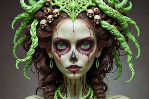 detailed realistic beautiful porcelain skull goddess portrait (neon green radioactive braided hair, dark brown skin) by tsutomu nihei, gustave dore, iris van herpen and wangechi Mutu, art forms of nature by ernst haeckel, art nouveau, symbolist, Kinetic Art, visionary, gothic, ((ghoul)), neo - gothic, pre - raphaelite, fractal lace, intricate alien botanicals, ai biodiversity, surreality, hyperdetailed ultrasharp octane render, (Audrey Kawasaki, Anna Dittmann), known for their captivating and atmospheric pieces. The overall effect of the image is ethereal, as if the woman is enveloped in glowing stardust, created expertly by artist W. Zelmer. The image is of exceptional quality, showcasing the fine details and masterful blending of colors, ((dripping blood, bones, crackling skin, Skulls)), ectoplasm, more skulls:1.4