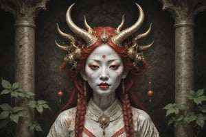 symmetrical portrait of surreal abandoned sculpture of white japanese female stunning sensual Tengu (with a splashing coloration of Alberto Seveso and Basil Gogos), ((Wild crazy long fire red hair)), dream - like heavy mysterious atmosphere,in an abandoned japanese overgrown shrine, perfect composition,beautiful detailed intricate insanely detailed octane,unreal engine 5,8k artistic photography,photo realistic,soft natural volumetric cinematic perfect light,chiaroscuro,award - winning photography, (((tsutomu nihei, Bastien Lecouffe Deharme,  iris van herpen and Ayami Kojima))), art forms of nature by ernst haeckel,  art nouveau,  symbolist,  Kinetic Art,  visionary,  gothic,  (((ancient japanese mythical being, crying Tengu with horns:1.4))),  neo - gothic,  pre - raphaelite,  fractal lace, intricate mythical botanical,  ai biodiversity,  surrealism,  hyper detailed ultra sharp octane render,  (Audrey Kawasaki,  Anna Dittmann:1.4),  known for their captivating and atmospheric pieces. The overall effect of the image is ethereal,  as if the woman is enveloped in glowing stardust created expertly by artist W. Zelmer. The image is of exceptional quality,  showcasing the fine details and masterful blending of colors, folklore, ,on parchment, Chinese Ghost Story, ((luminescence, iridescent effect))