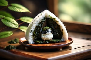 Imagine a chibi kawaii onigiri art like (Jean Baptiste Monge) (shimmering rice onigiri with triangular shape and nori seaweed sheet:1.4), its smooth surface, its huge cute eyes perked up in curiosity at it is placed on crafted wooden tray with sakura leaves and a steaming hot japanese cup of green tea (autumn feel, japanes tea ceremony), (photo HDR 8K) ,painting magic,  (splendid environment of tensor art),  perfect contrast,  (correct sharp photorealistic environment),  (highly detailed background),  detailed,  (masterpiece,  best quality:1.3) chuppy_fat:2,  looking viewer,  (Ultrasharp,  8k,  detailed,  ink art,  stunning,  vray tracing,  style raw,  unreal engine),  High detailed , Color magic,  Saturated colors,