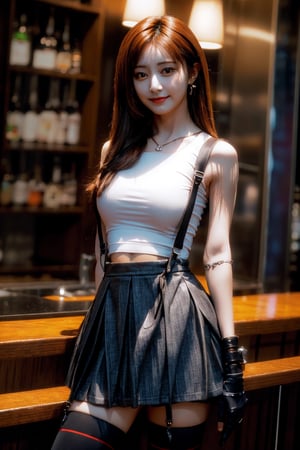 masterpiece, best quality, 7rtifa, looking at viewer, arm guards, fingerless gloves, (suspenders:1.2), (black pleated miniskirt:1.2), black thighhighs, upper body, standing, defTifa, (white crop top), curvy, arm_behind_back, tzuyu, tzuyulorashy,1 girl, (bar background:1.2), sleeveless, smirk