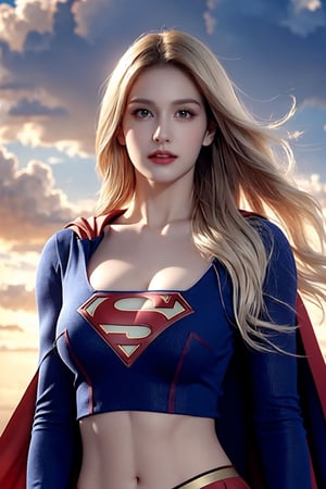 8k, best quality, real picture, intricate details, ultra-detailed, ultra highres, depth field, (photorealistic,realistic:1.2), masterpiece, somi, supergirl, (blonde hair:1.3), long hair, cape, skirt, superhero, hand on hips, solo, sun, blue sky, best quality, realistic, photorealistic, (intricate details:1.2), (delicate detailed), (cinematic light), clear line, sharp focus, realistic face, detailed face, unity 8k, wallpaper, ultra high res, (photorealistic:1.4), looking at viewer, abs, midriff, (large breasts:1.4), floating in sky,1 girl, simple background, clouds, detailed eyes, sleeves, yellow S emblem