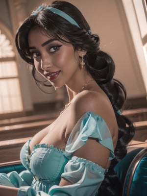 Perfect eyes, detailed eyes, (light brown skin), princess, sexy, nsfw, beautiful, Solo, Jasmine, black braiding hair, brown eyes, ultra-detailed art illustration, dynamic pose, masterpiece, cleavage, detailed eyes, perfect body, blue clothes, ephey, shy smile,1 girl