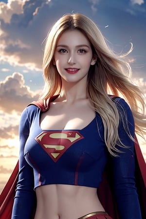 8k, best quality, real picture, intricate details, ultra-detailed, ultra highres, depth field, (photorealistic,realistic:1.2), masterpiece, somi, supergirl, (blonde hair:1.3), long hair, cape, skirt, superhero, hand on hips, solo, sun, blue sky, best quality, realistic, photorealistic, (intricate details:1.2), (delicate detailed), (cinematic light), clear line, sharp focus, realistic face, detailed face, unity 8k, wallpaper, ultra high res, (photorealistic:1.4), looking at viewer, abs, midriff, (large breasts:1.4), floating in sky,1 girl, simple background, clouds, detailed eyes, sleeves, yellow S emblem, smile