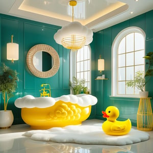 A luxurious bathroom with a dominant teal green and white color scheme. A unique wc, designed to resemble a cloud, is the centerpiece, with its white cloud-like design and tean green base. Adjacent to the sink is a large window, allowing natural light to flood in. Above the tub hangs a woven pendant light. The walls are adorned with white tiles, and there's a shelf displaying various books. A yellow rubber duck, reminiscent of childhood play, sits on the floor near the sofa. The room also features a fluffy white rug, a tall cage-like stool, and a few potted plants, adding a touch of nature to the space.